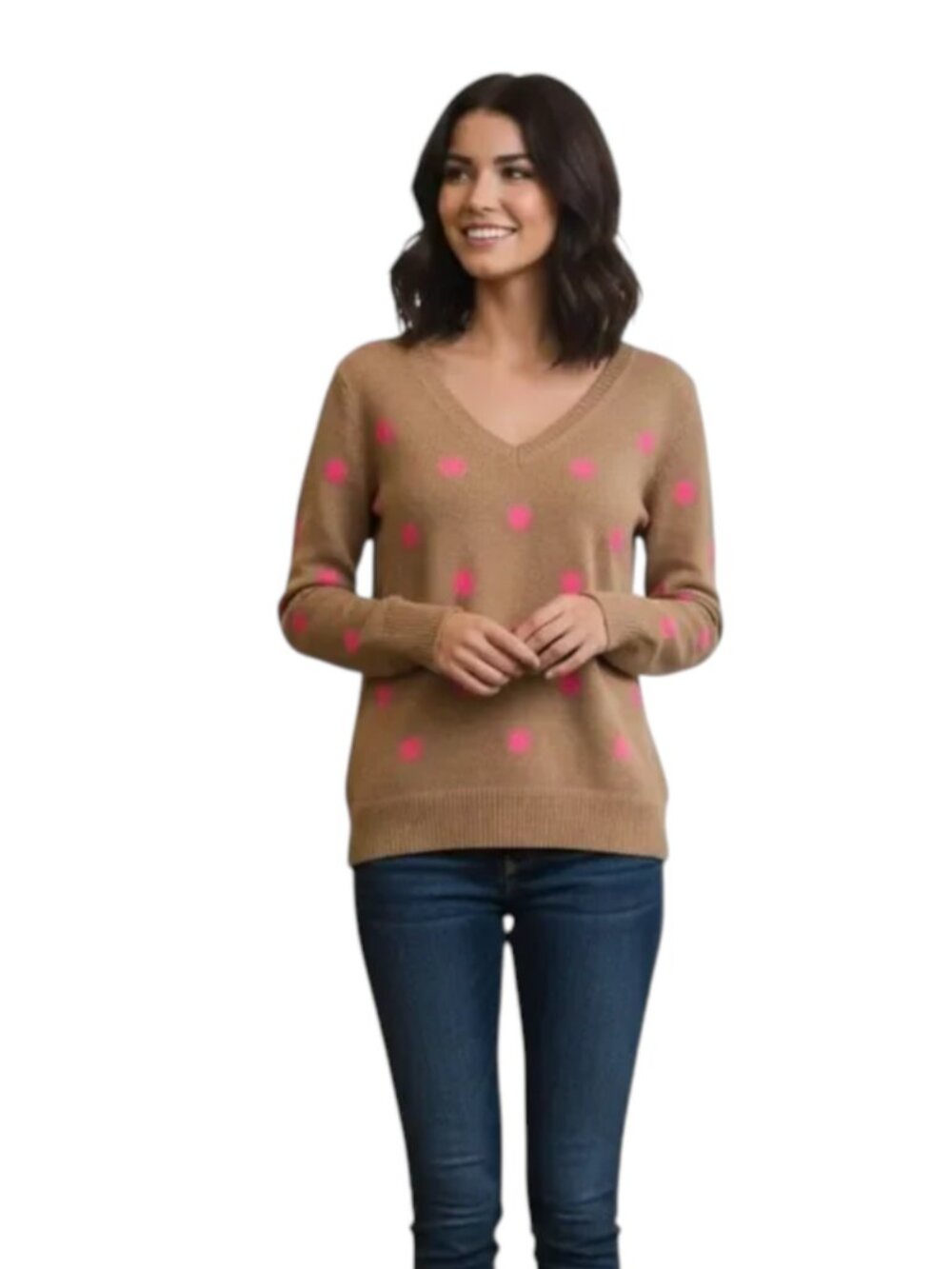 Gap Polka Dot Sweater Size L Beige Pink V-Neck Wool Blend Casual Preppy